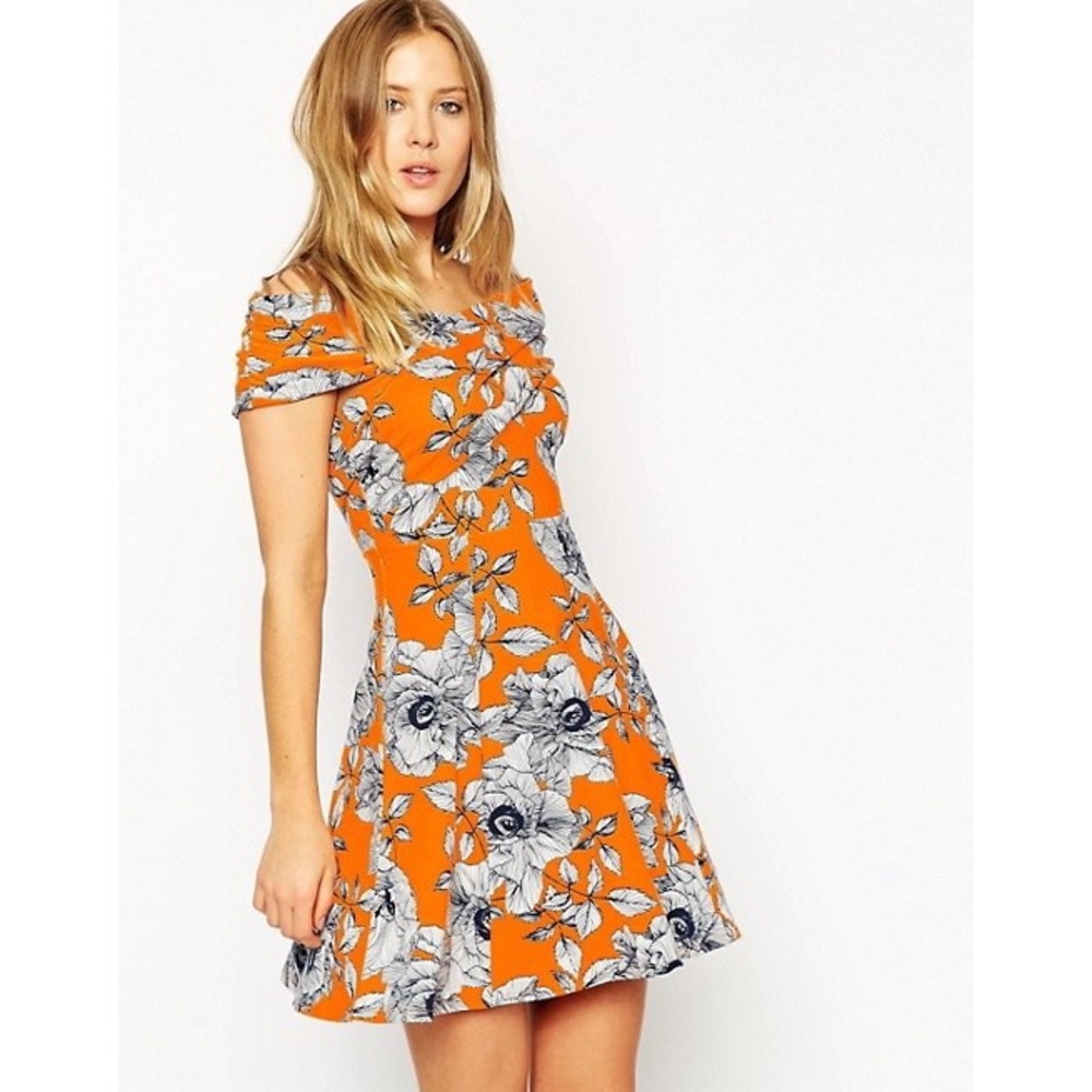 ASOS Bardot Floral Print A line Mini Dress with Cross Front